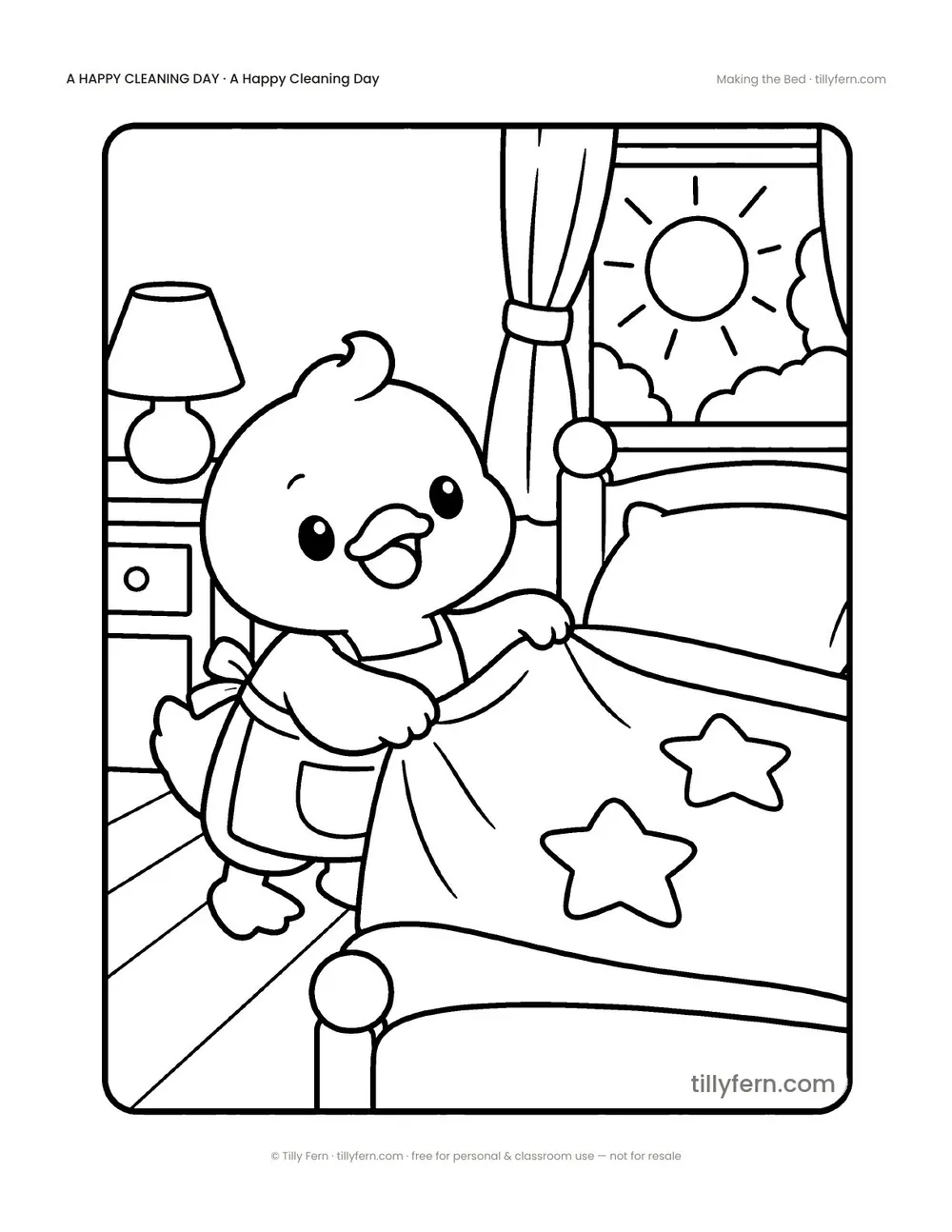 Making the Bed — free cleaning coloring page from A Happy Cleaning Day