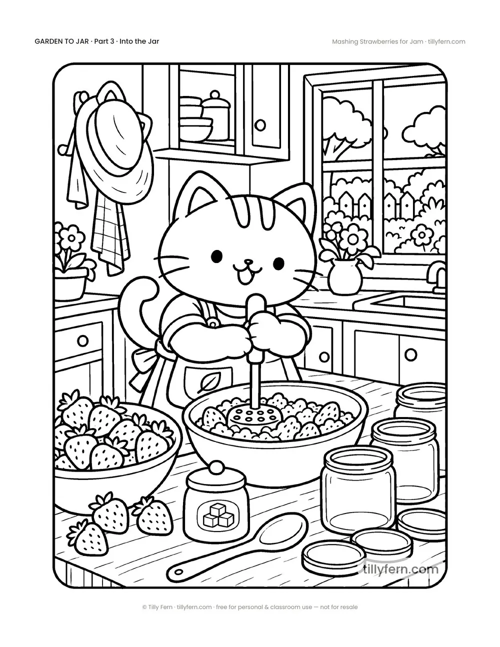 Mashing Strawberries for Jam — free garden coloring page from Garden to Jar
