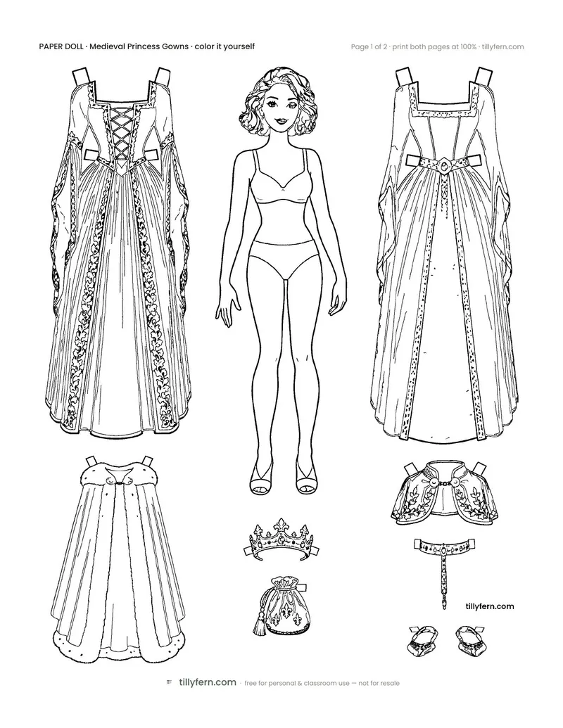 Medieval Princess Gowns — black and white paper doll and clothes to color in