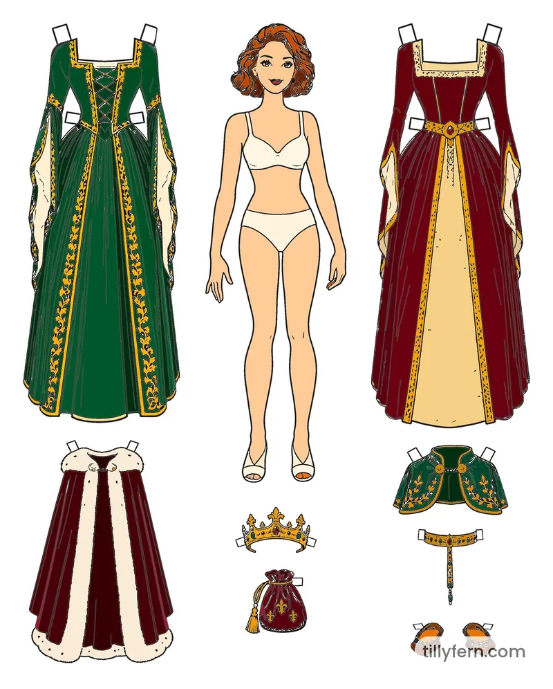 Medieval Princess Gowns — Doll & Outfits — colored example of the coloring page in bright colors