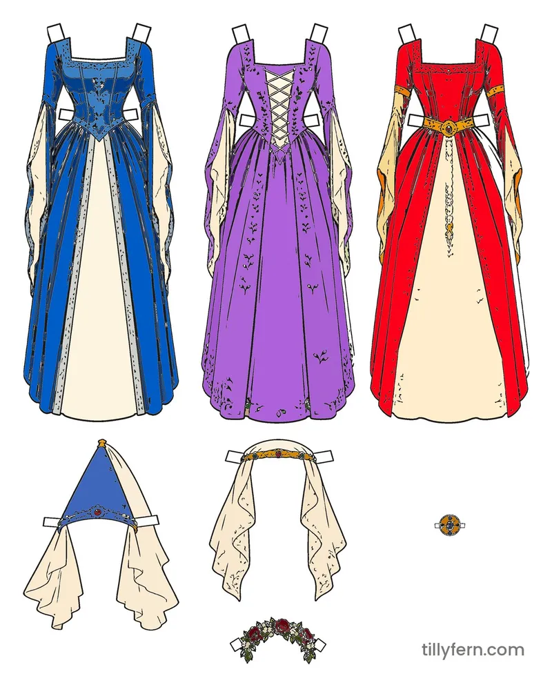 Medieval Princess Gowns — More Outfits — colored example of the coloring page in bright colors