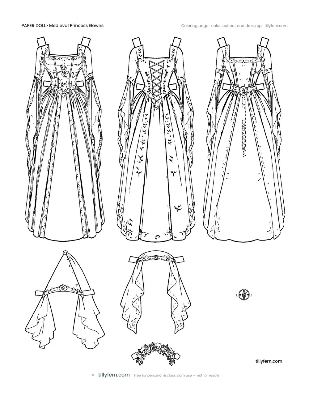 Medieval Princess Gowns — More Outfits — free printable paper doll coloring page