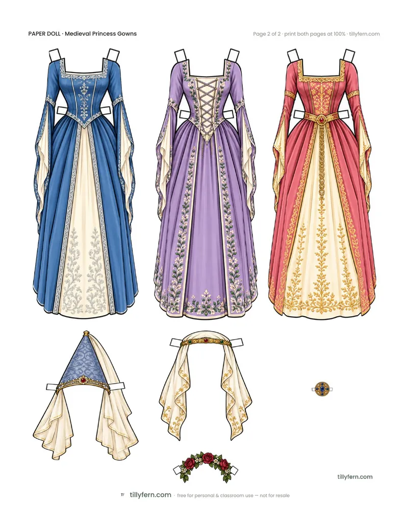 Medieval Princess Gowns — page 2: more printable paper doll clothes