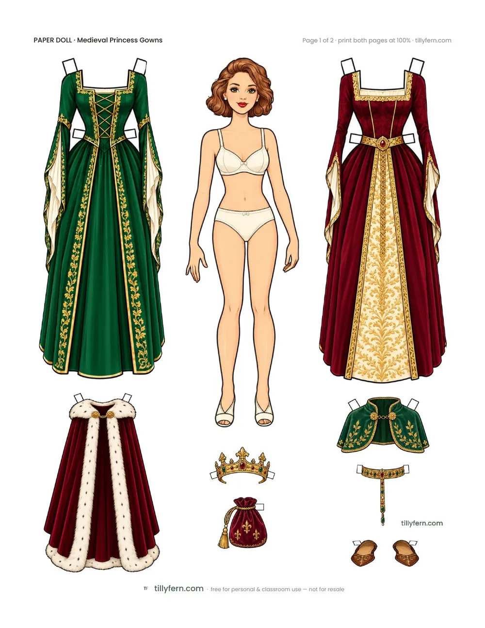 Medieval Princess Gowns — free printable paper doll paper doll with clothes, page 1 of 2