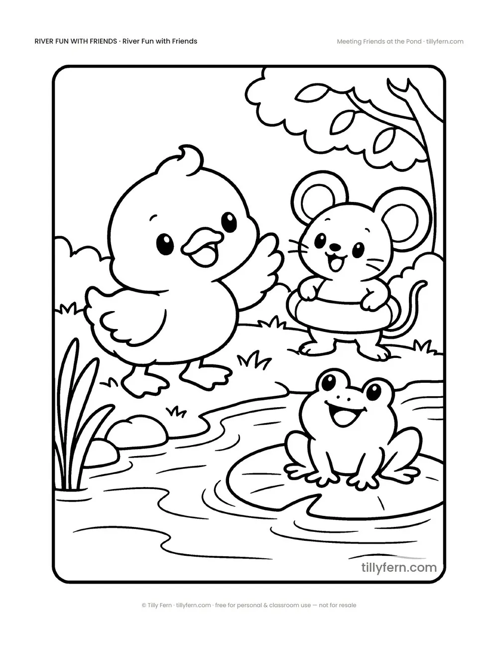 Meeting Friends at the Pond — free duck coloring page from River Fun with Friends
