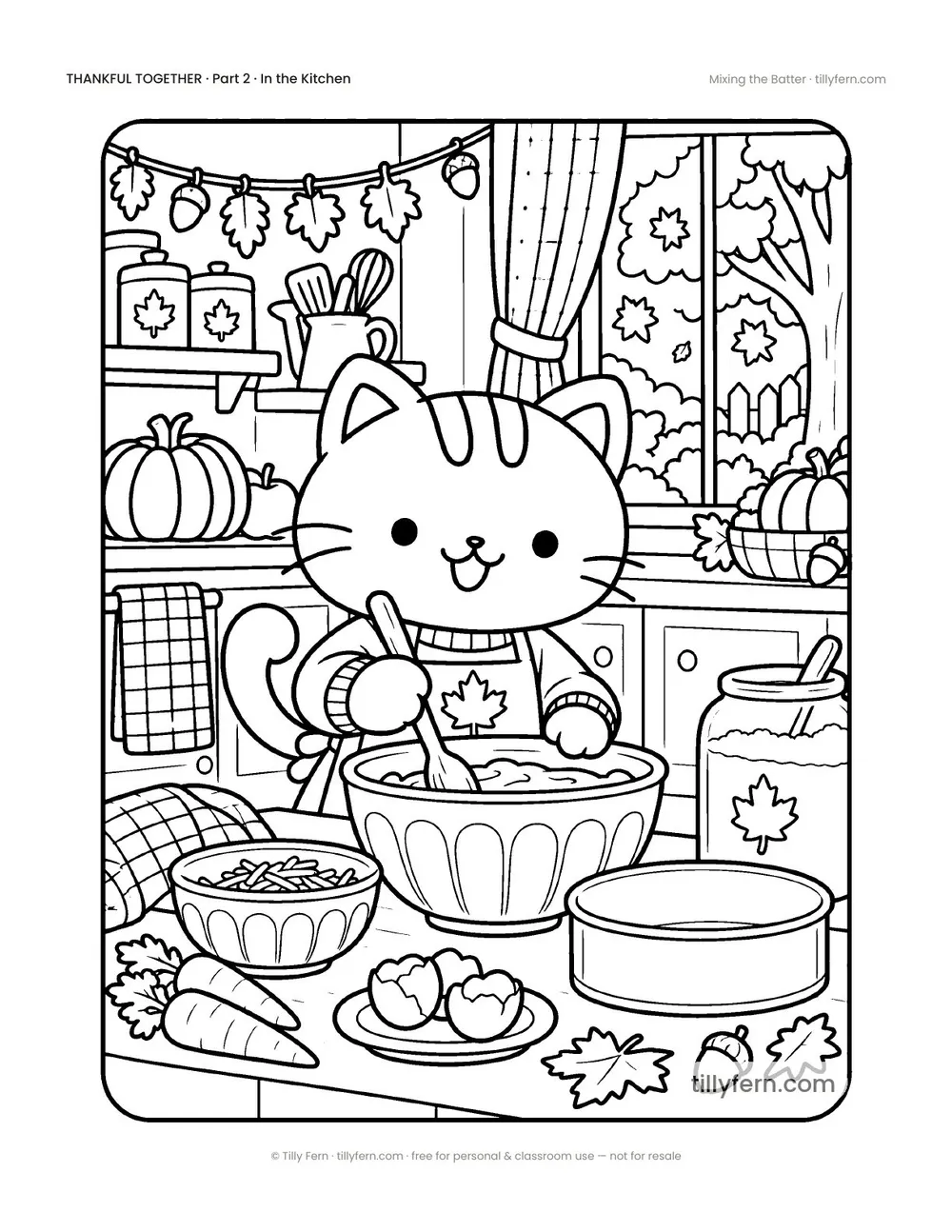 Mixing the Batter — free Thanksgiving coloring page with a cute kitty, from Thankful Together