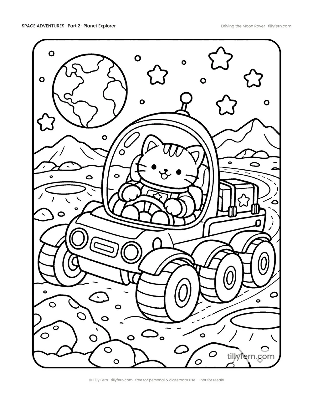 Driving the Moon Rover — free space coloring page from Space Adventures