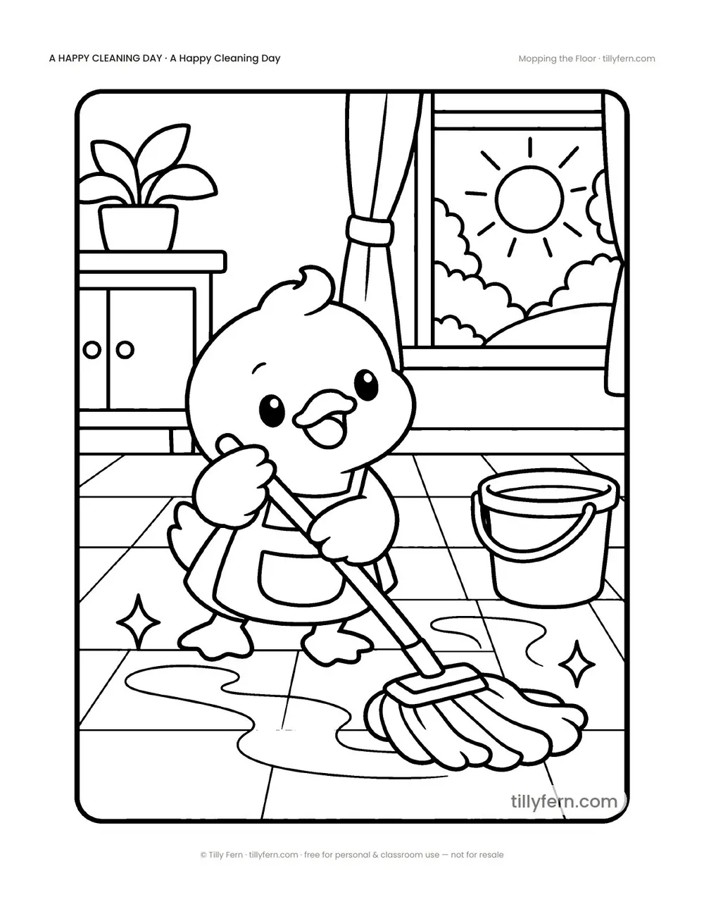 Mopping the Floor — free cleaning coloring page from A Happy Cleaning Day