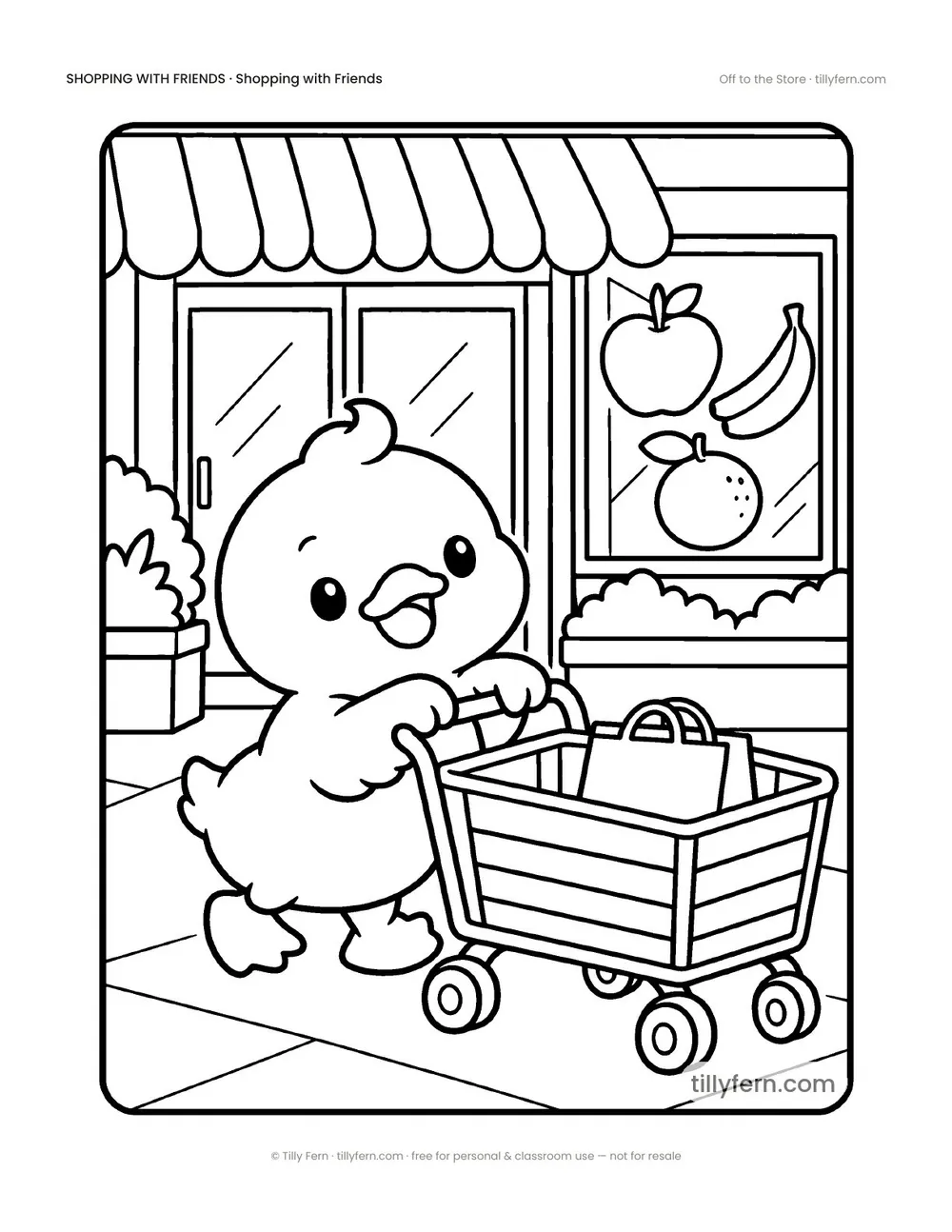 Off to the Store — free grocery store coloring page from Shopping with Friends