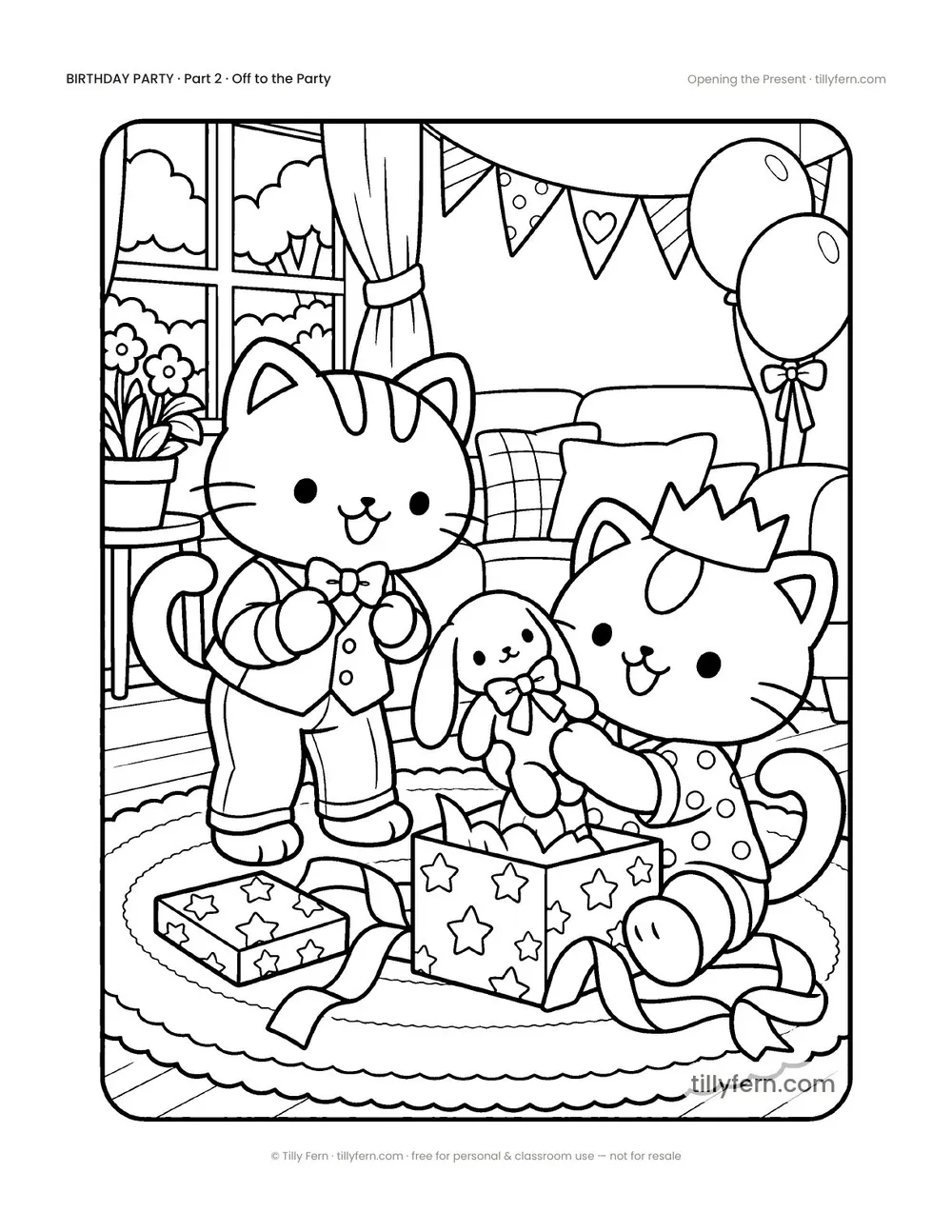 Opening the Present — free birthday coloring page from Birthday Party