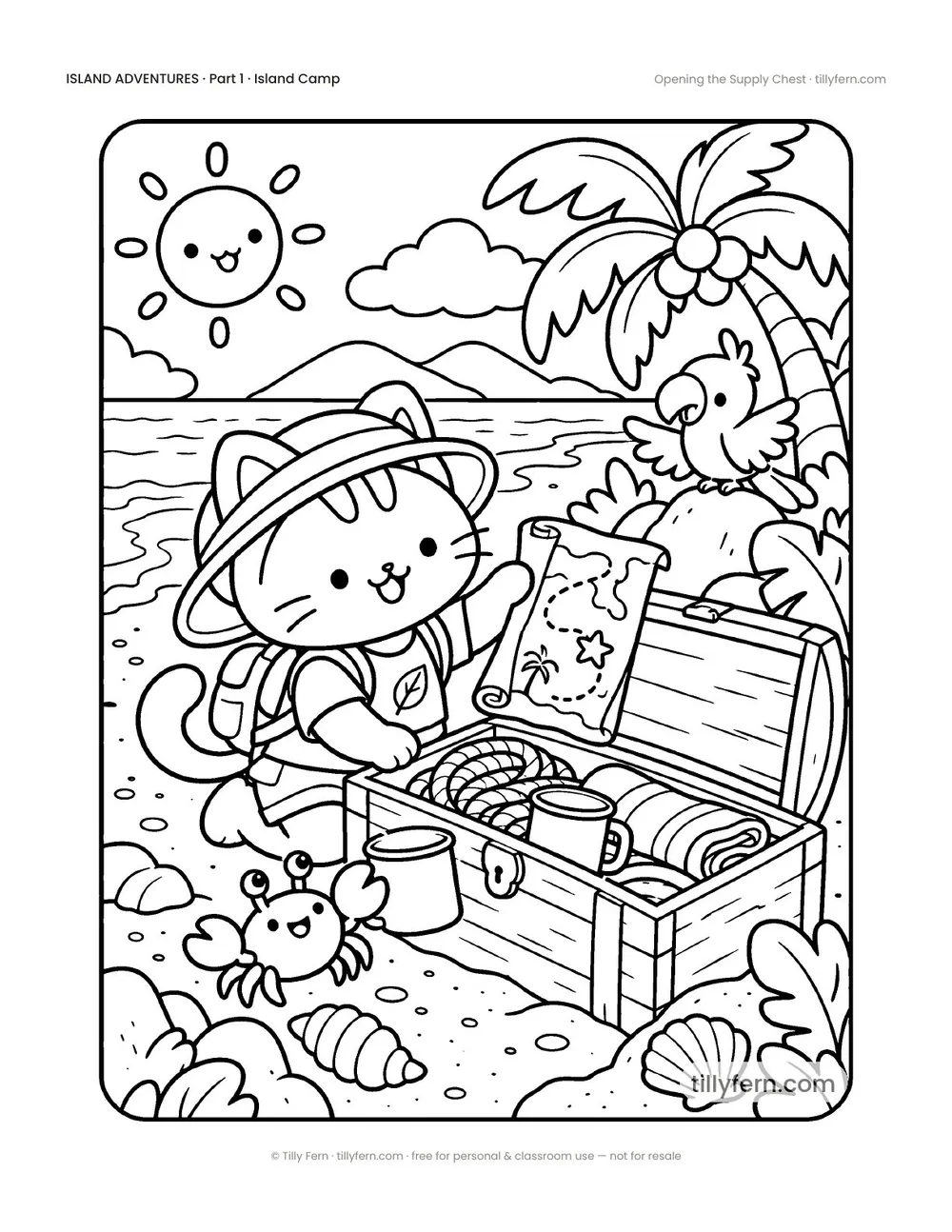 Opening the Supply Chest — free beach and summer coloring page from Island Adventures