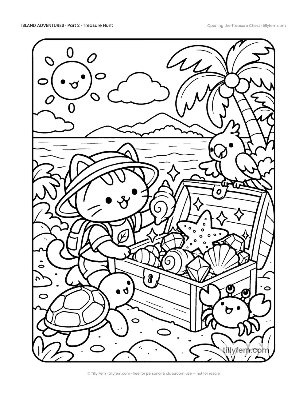 Opening the Treasure Chest — free beach and summer coloring page from Island Adventures