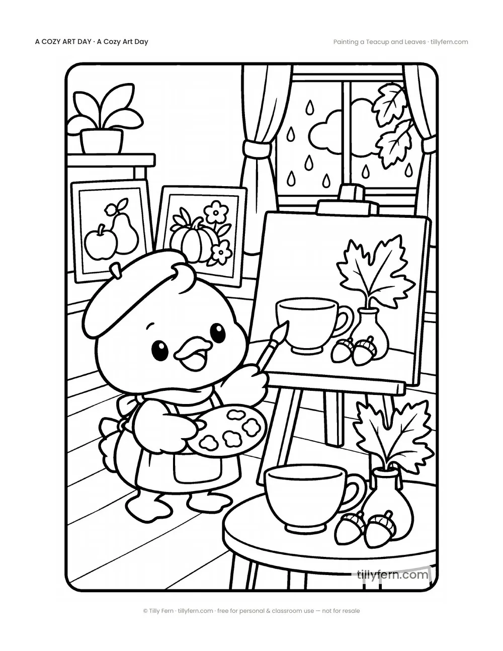 Painting a Teacup and Leaves — free rainy day coloring page from A Cozy Art Day