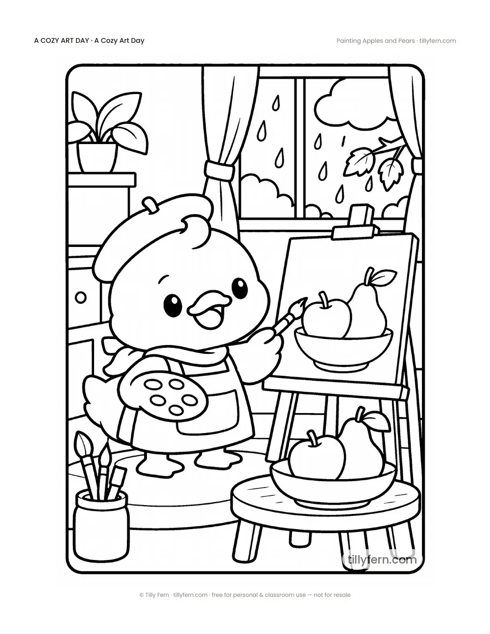 Painting Apples and Pears — free rainy day coloring page from A Cozy Art Day