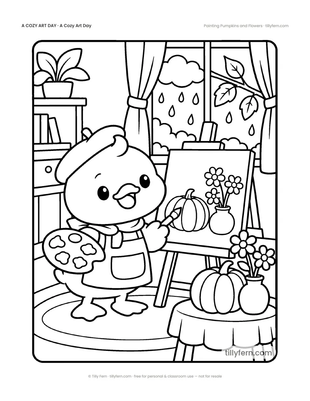 Painting Pumpkins and Flowers — free rainy day coloring page from A Cozy Art Day
