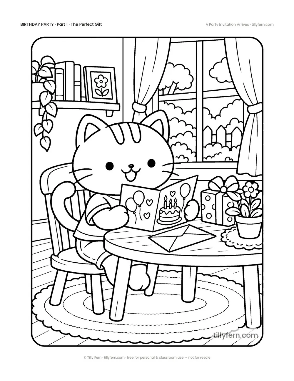 A Party Invitation Arrives — free birthday coloring page from Birthday Party