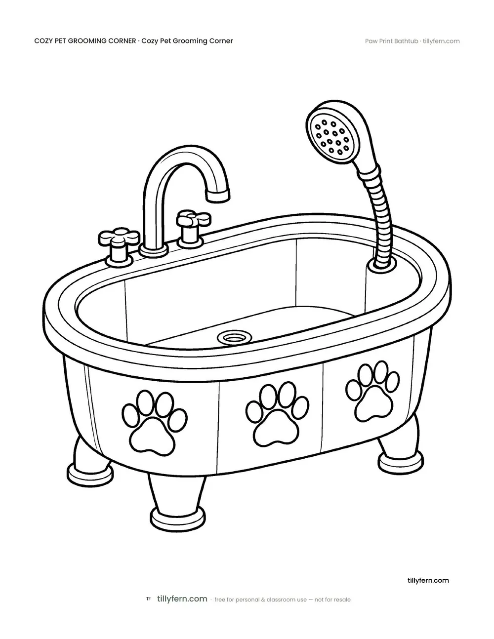 Paw Print Bathtub — free pet grooming corner coloring page from Cozy Pet Grooming Corner