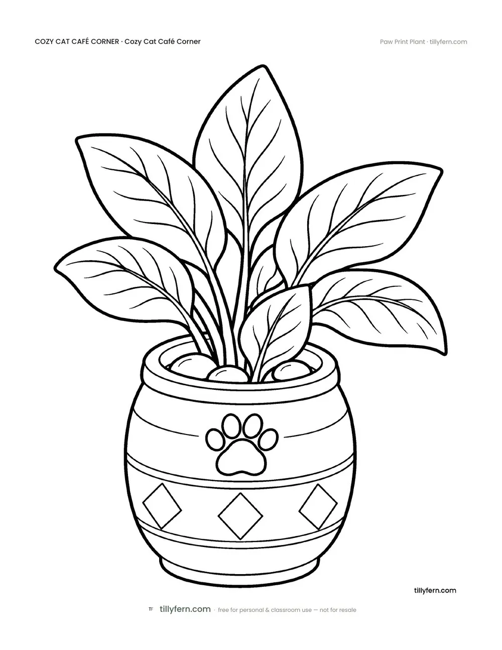 Paw Print Plant — free cat café corner coloring page from Cozy Cat Café Corner