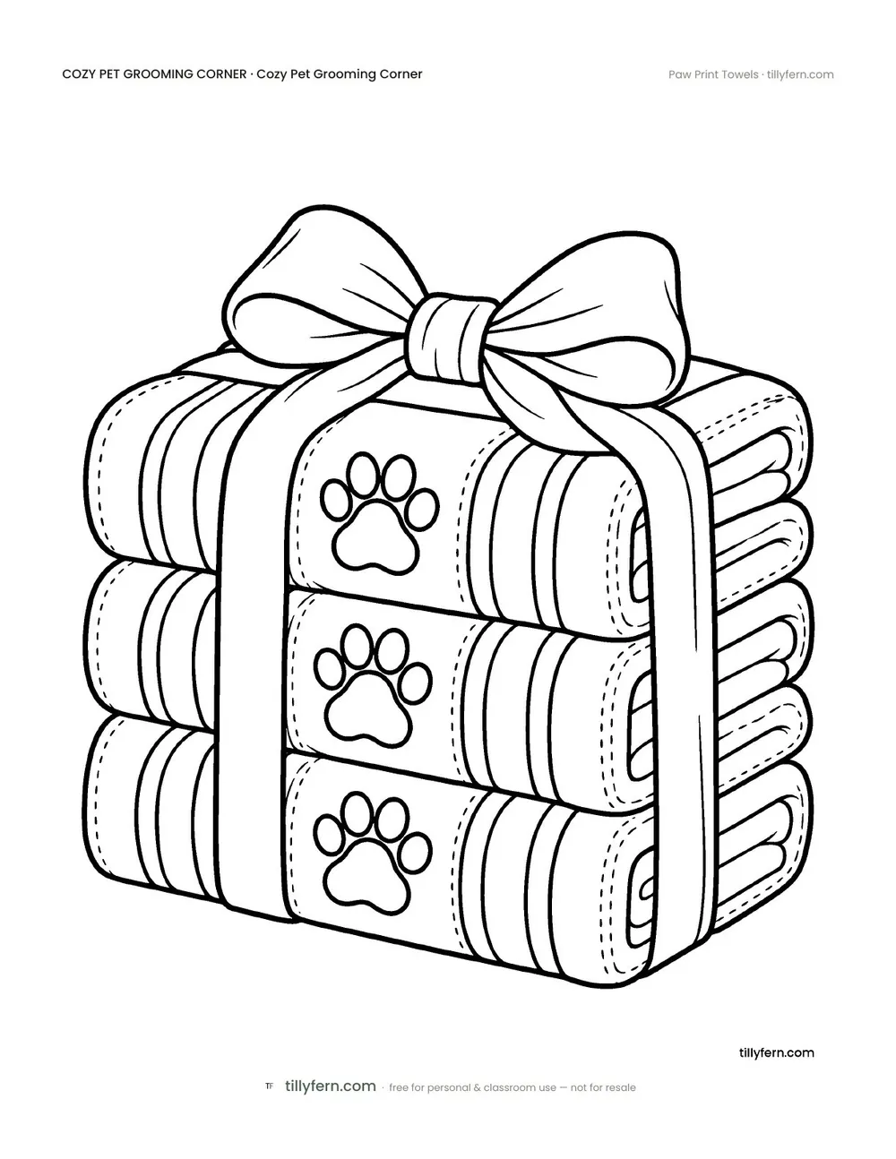 Paw Print Towels — free pet grooming corner coloring page from Cozy Pet Grooming Corner