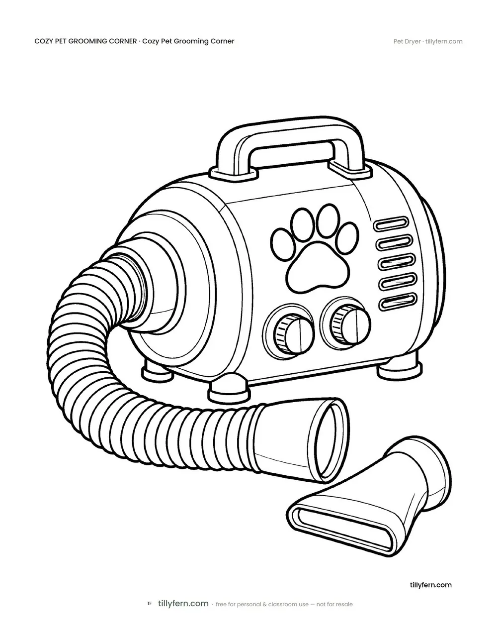 Pet Dryer — free pet grooming corner coloring page from Cozy Pet Grooming Corner
