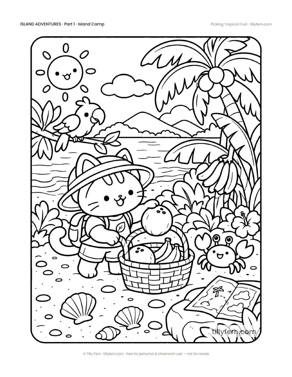 Picking Tropical Fruit — free beach and summer coloring page from Island Adventures