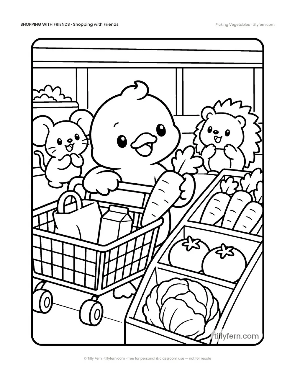 Picking Vegetables — free grocery store coloring page from Shopping with Friends