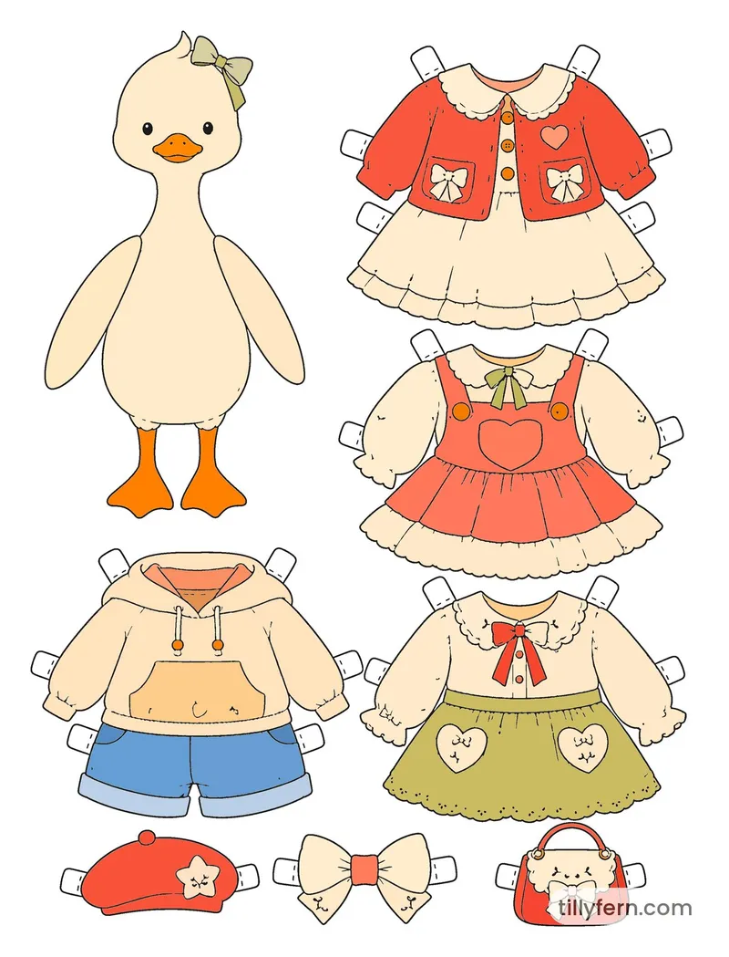 Pink Hearts Wardrobe — Duck & Outfits — colored example of the coloring page in bright colors