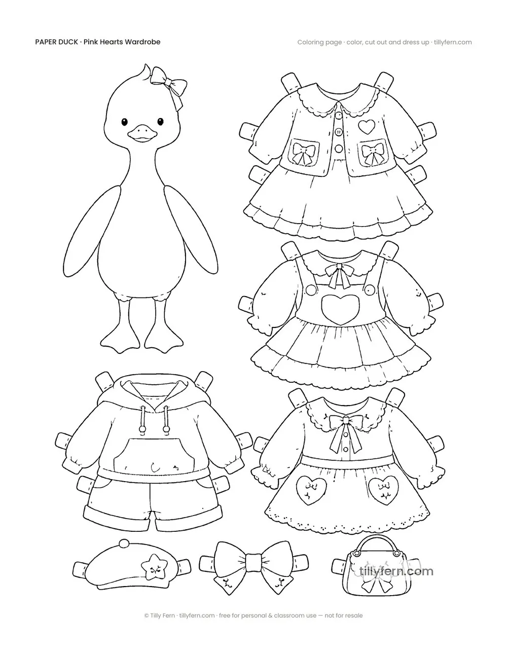 Pink Hearts Wardrobe — Duck & Outfits — free printable paper duck coloring page