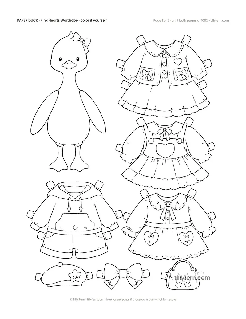 Pink Hearts Wardrobe — black and white paper doll and clothes to color in