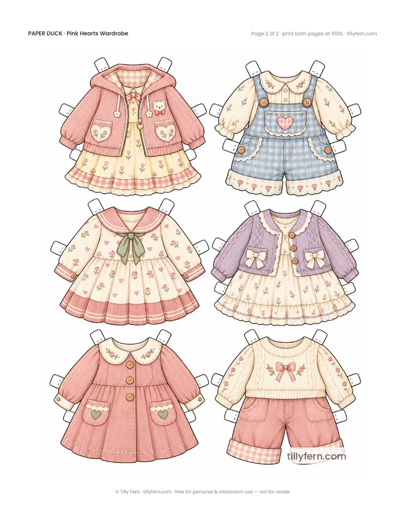 Pink Hearts Wardrobe — page 2: more printable paper doll clothes