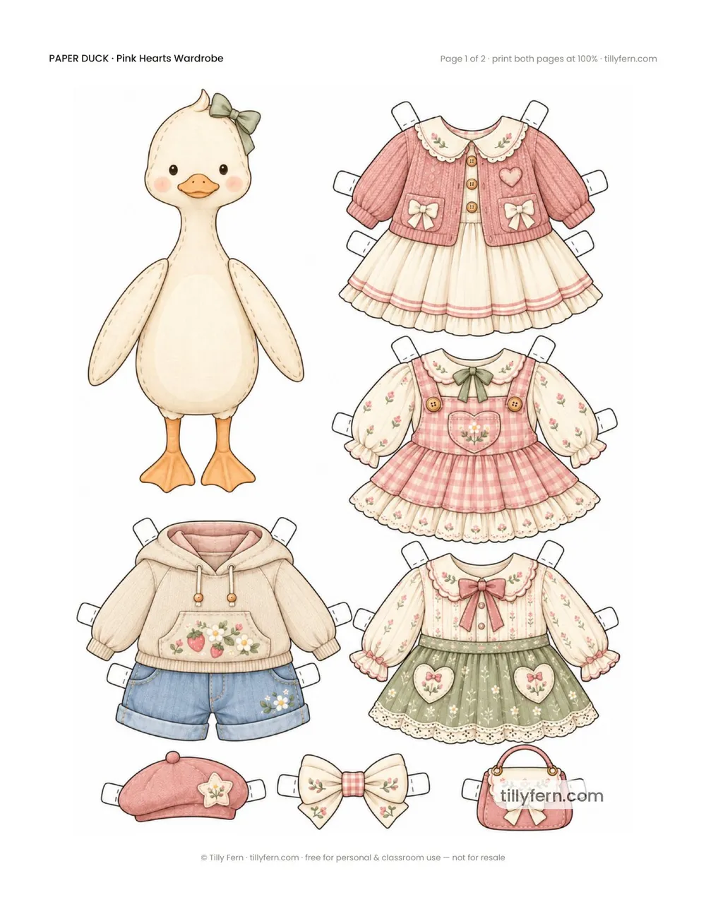 Pink Hearts Wardrobe — free printable paper duck paper doll with clothes, page 1 of 2