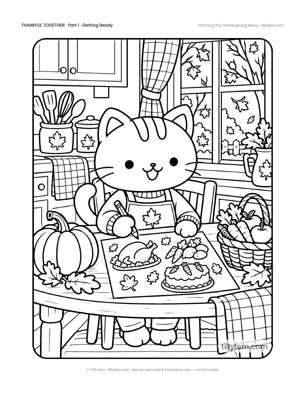 Planning the Thanksgiving Menu — free Thanksgiving coloring page with a cute kitty, from Thankful Together
