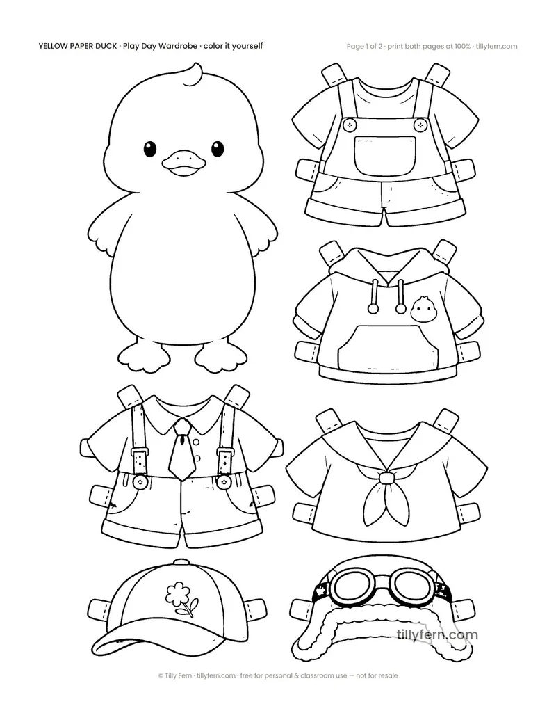 Play Day Wardrobe — black and white paper doll and clothes to color in