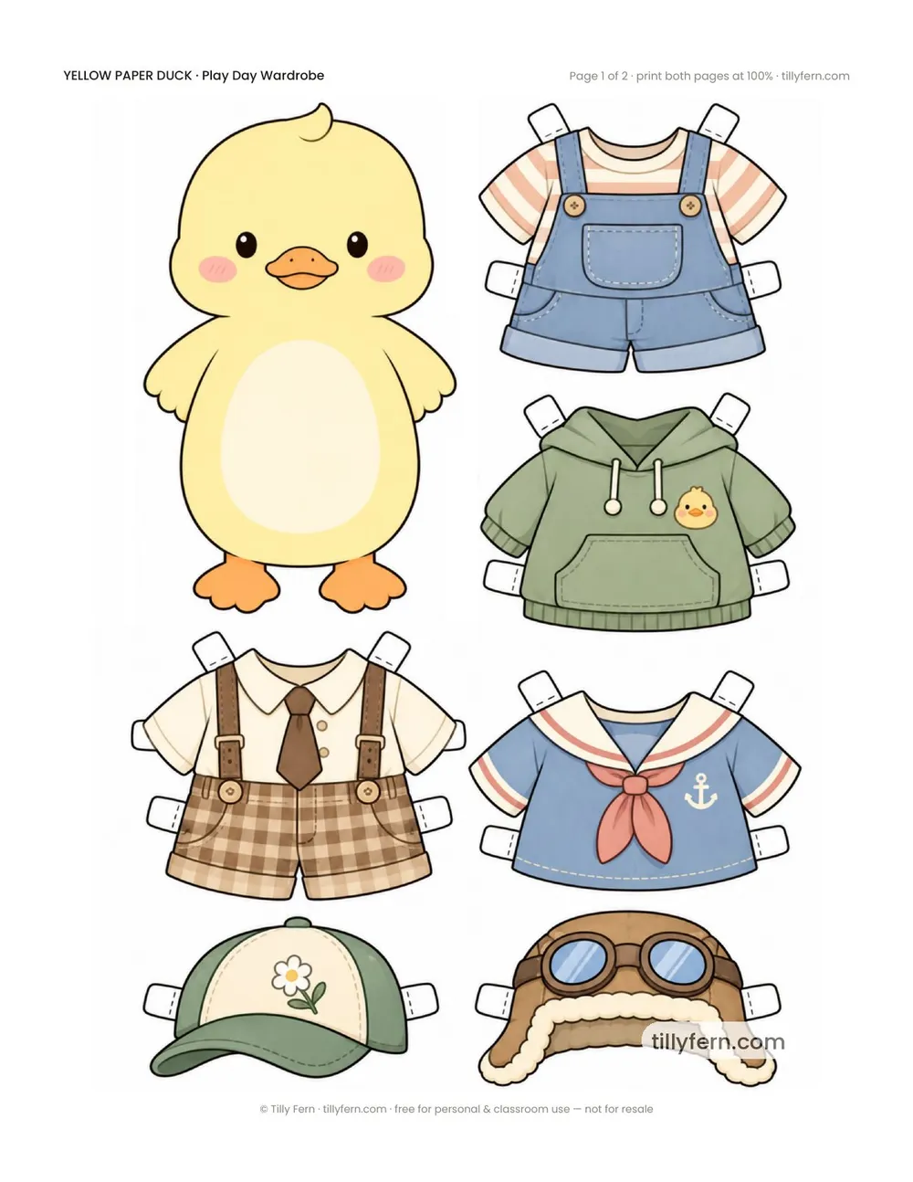 Play Day Wardrobe — free printable yellow paper duck paper doll with clothes, page 1 of 2