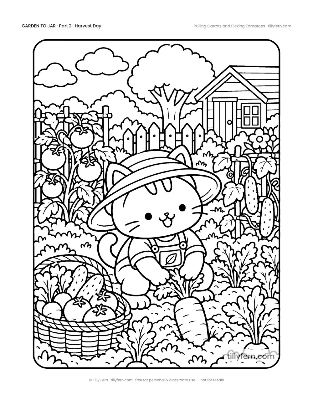 Pulling Carrots and Picking Tomatoes — free garden coloring page from Garden to Jar