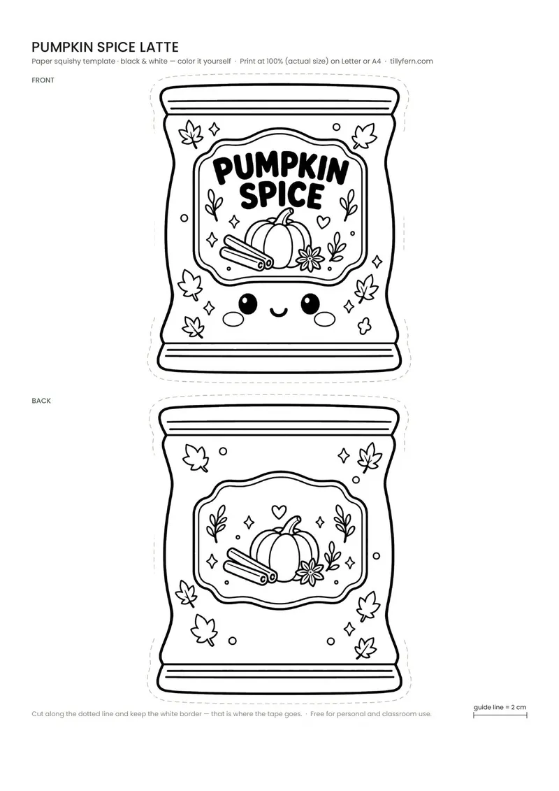 Pumpkin Spice Latte — black and white paper squishy template to color in