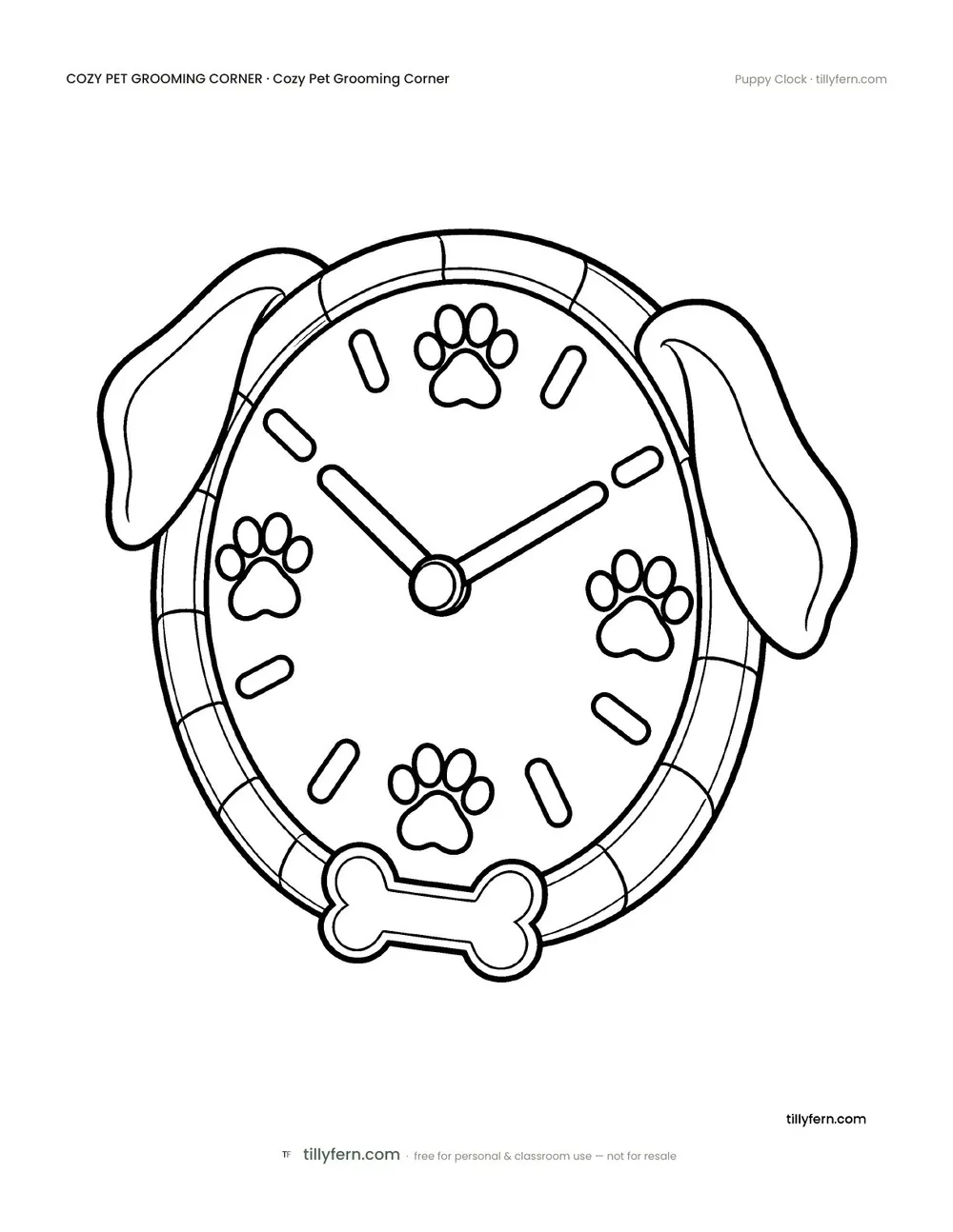 Puppy Clock — free pet grooming corner coloring page from Cozy Pet Grooming Corner