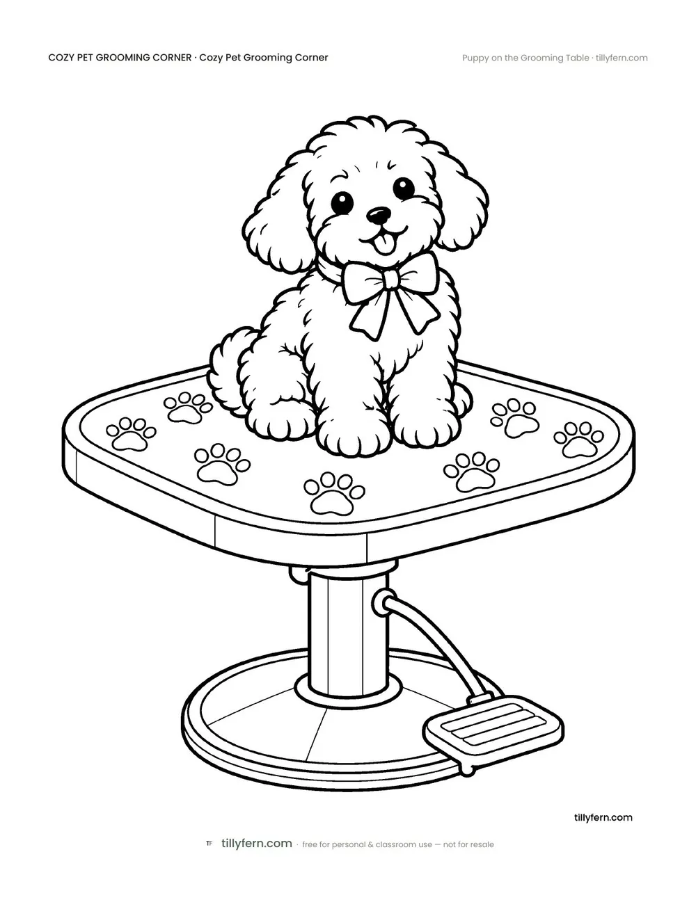 Puppy on the Grooming Table — free pet grooming corner coloring page from Cozy Pet Grooming Corner