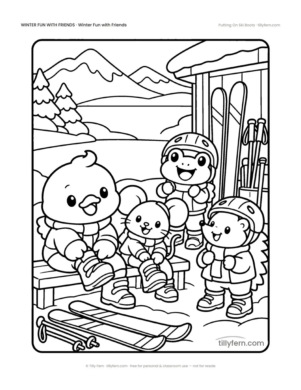 Putting On Ski Boots — free winter coloring page from Winter Fun with Friends