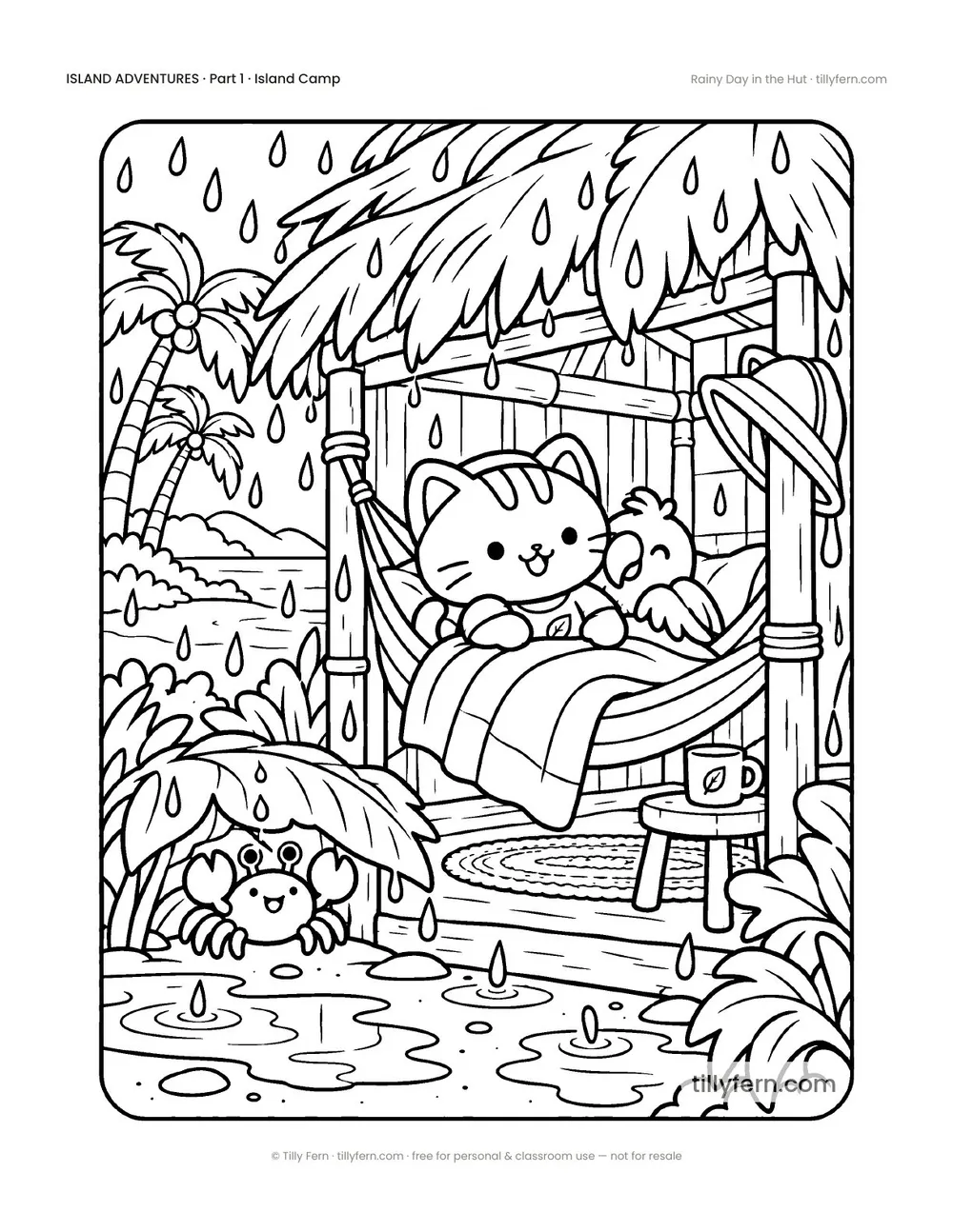 Rainy Day in the Hut — free beach and summer coloring page from Island Adventures