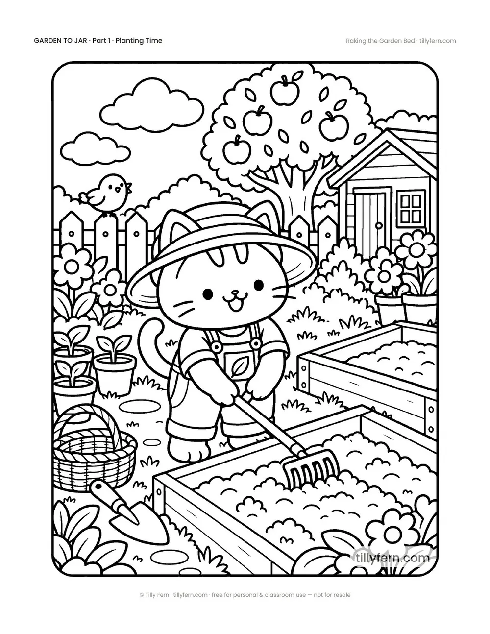 Raking the Garden Bed — free garden coloring page from Garden to Jar