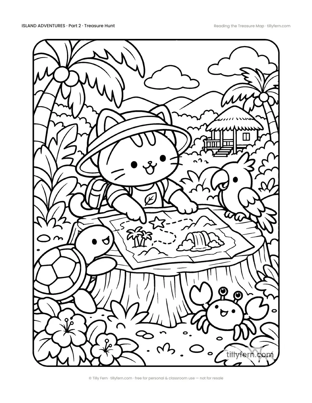 Reading the Treasure Map — free beach and summer coloring page from Island Adventures