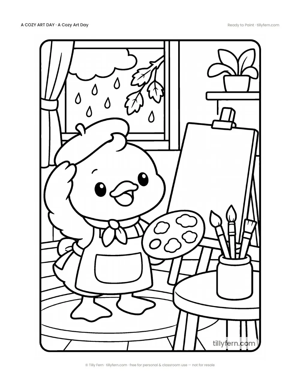Ready to Paint — free rainy day coloring page from A Cozy Art Day