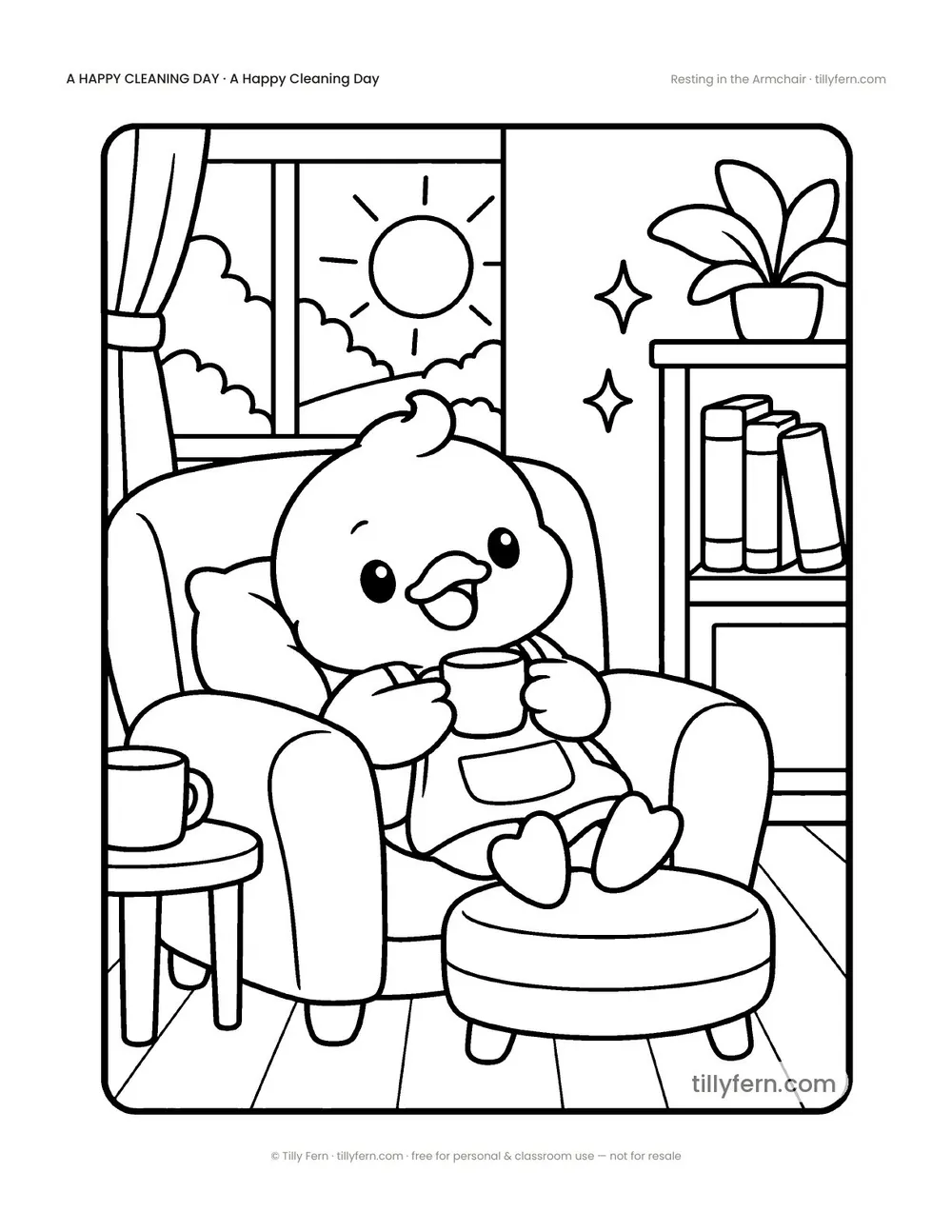 Resting in the Armchair — free cleaning coloring page from A Happy Cleaning Day