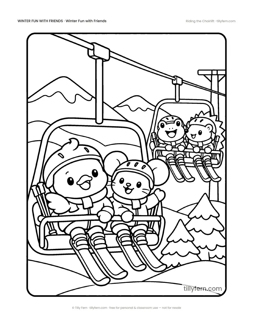 Riding the Chairlift — free winter coloring page from Winter Fun with Friends