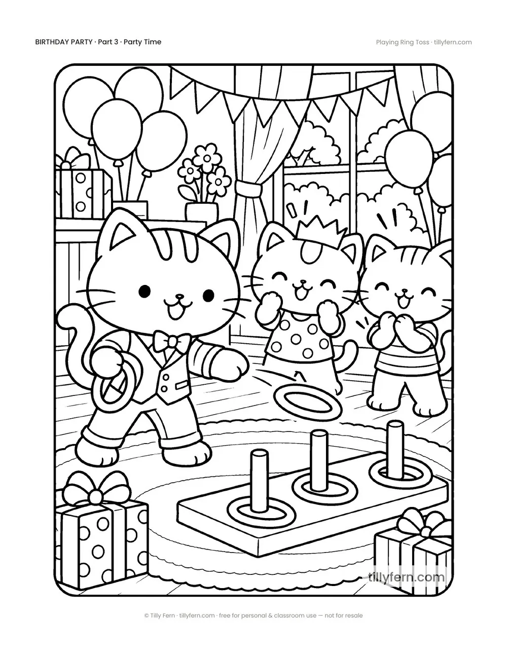Playing Ring Toss — free birthday coloring page from Birthday Party