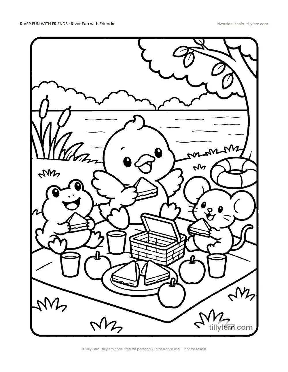 Riverside Picnic — free duck coloring page from River Fun with Friends