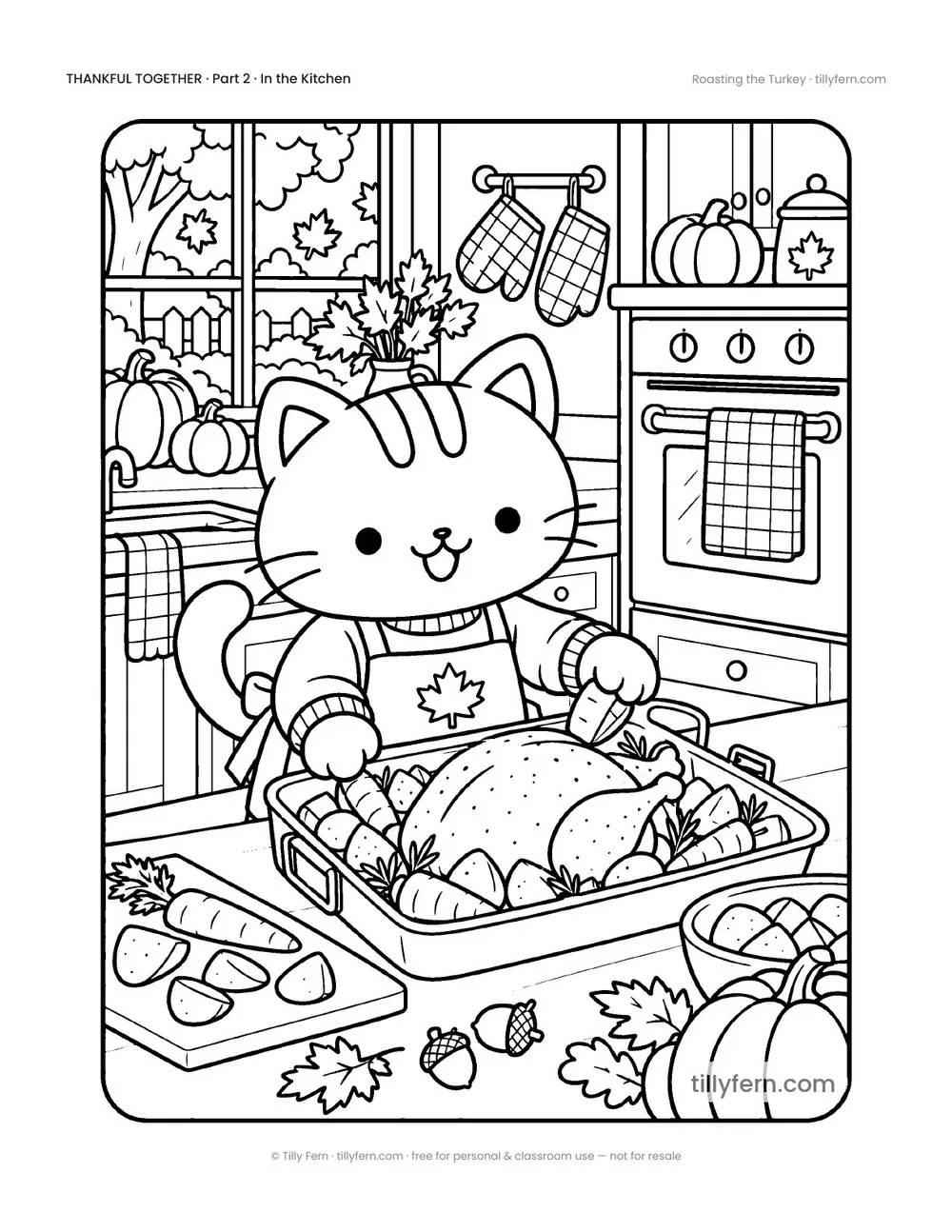 Roasting the Turkey — free Thanksgiving coloring page with a cute kitty, from Thankful Together