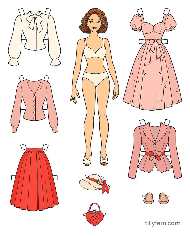 Romantic Wardrobe — Doll & Outfits — colored example of the coloring page in bright colors