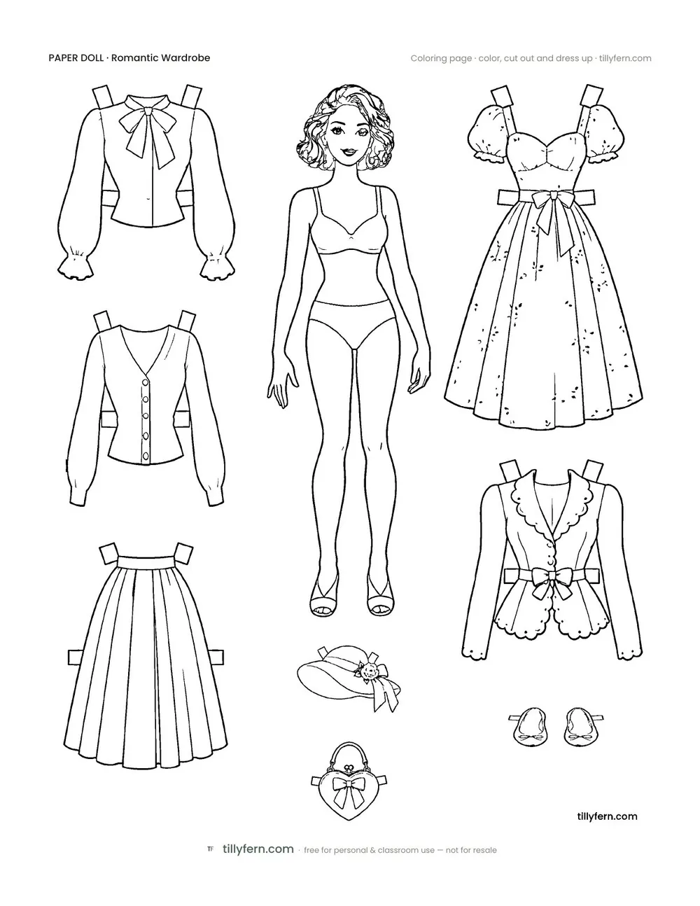 Romantic Wardrobe — Doll & Outfits — free printable paper doll coloring page